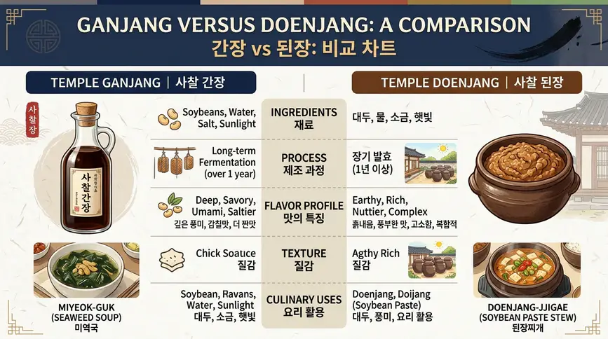 Ganjang and doenjang differ in texture, flavor, and culinary use. 