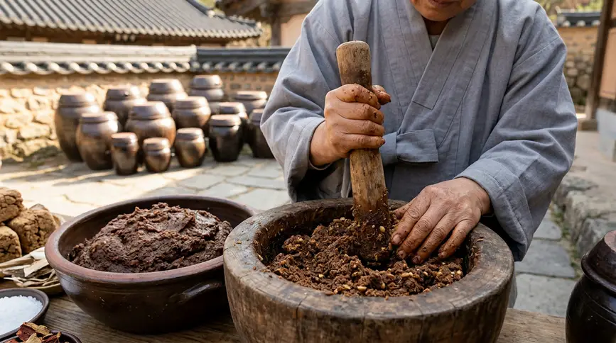 Temple doenjang soybean paste crafted through mindful kneading process. 