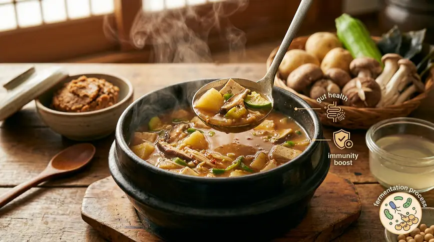 Traditional doenjang jjigae delivers deep probiotics and comforting gut healing.