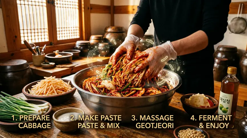 Fresh geotjeori kimchi provides immediate probiotics with natural fruit sweetness.