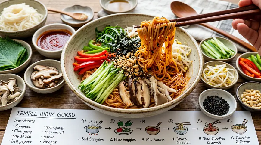 Colorful bibim guksu noodles deliver fiber and natural gut-friendly nutrients.