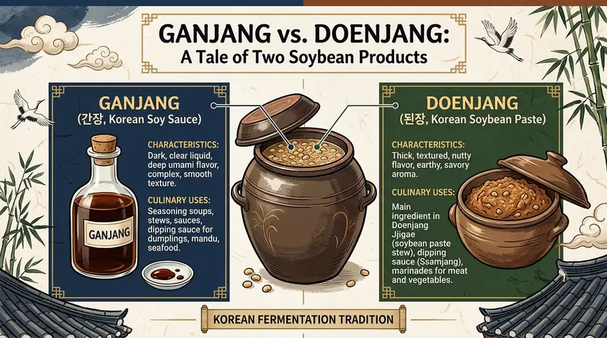 Ganjang and doenjang share origins but differ in form and use.