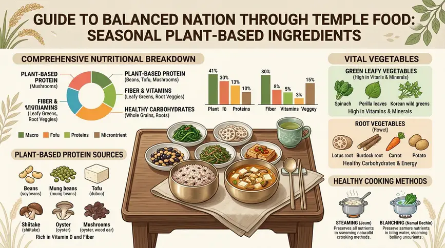 Temple food provides complete vegan nutrition through diverse plant-based seasonal ingredients.