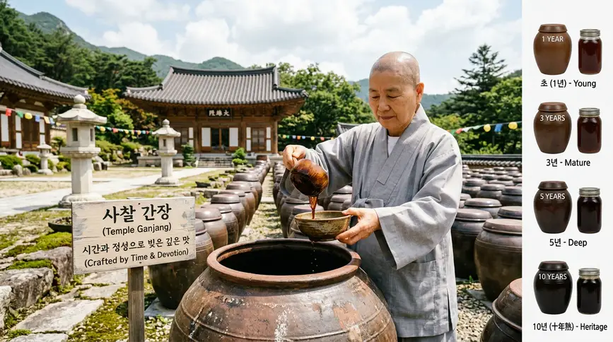 Temple ganjang soy sauce embodies patience through years of aging.