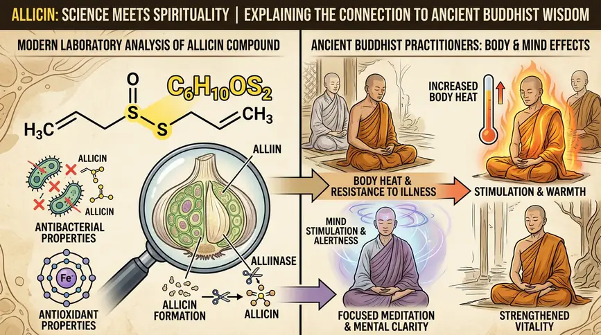 Allicin compound scientifically validates ancient Buddhist observations about pungent vegetables.