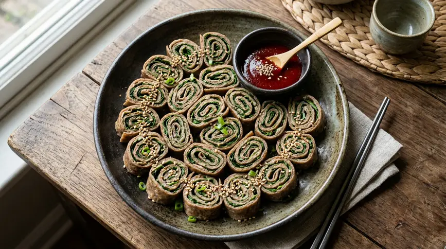Rolled buckwheat crepes filled with aster leaves, sliced and served with gochujang sauce