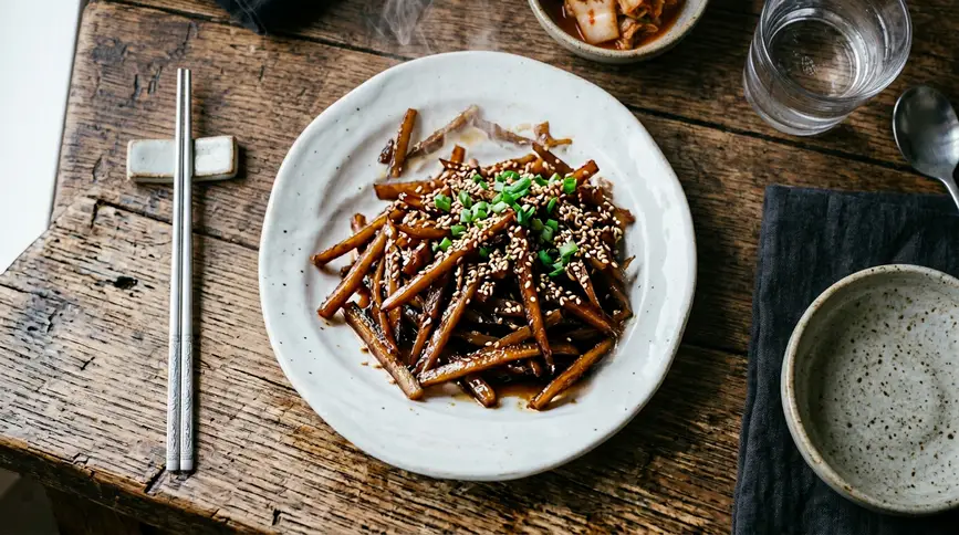Glossy caramelized burdock root strips sprinkled with sesame seeds on white plate