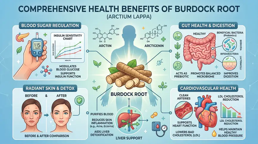Burdock regulates blood sugar, heals gut, clears skin, protects heart. 