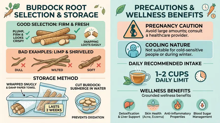Choose firm burdock, store wrapped, and consume mindfully with precautions. 