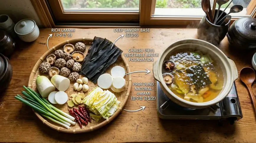 Chaesu vegetable broth creates profound umami naturally without meat stocks.