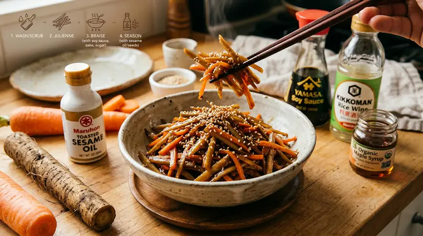 Kinpira gobo braised burdock with carrots delivers savory sesame flavor. 