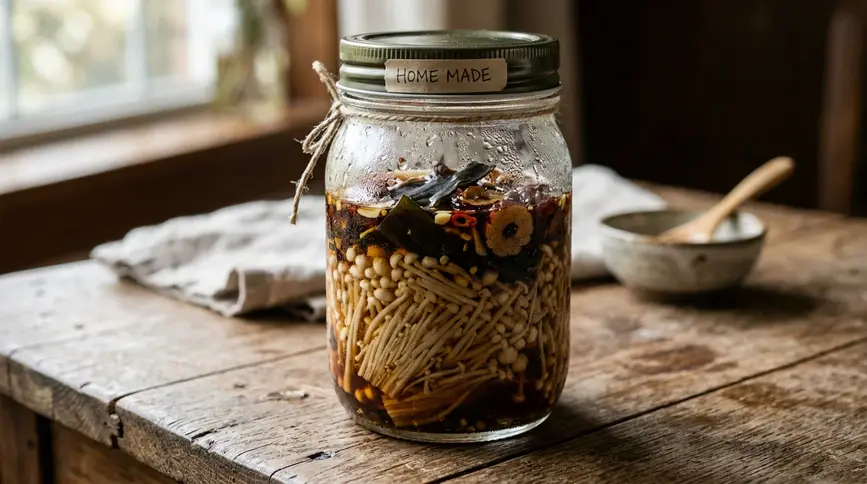 White enoki mushrooms in dark soy brine with kelp and jujube garnish in glass jar