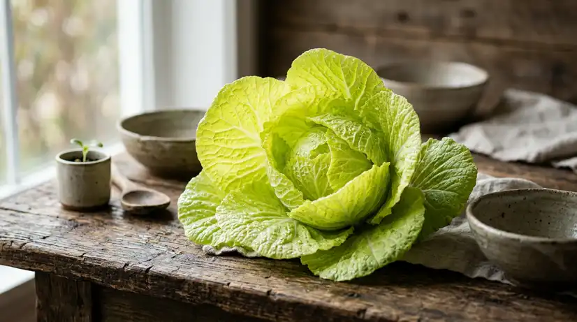 Close-up of fresh Korean Bomdong cabbage with bright yellow-green leaves and dew droplets on rustic wooden table