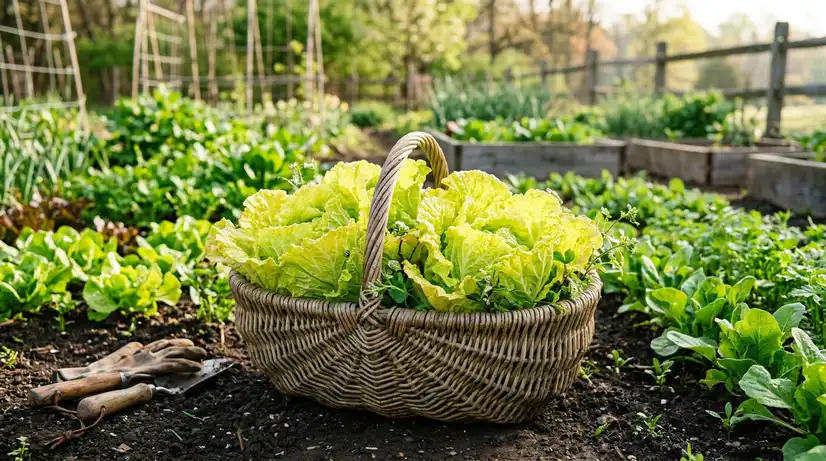 Woven basket filled with fresh Bomdong cabbage in early spring garden with bright yellow-green leaves and morning light