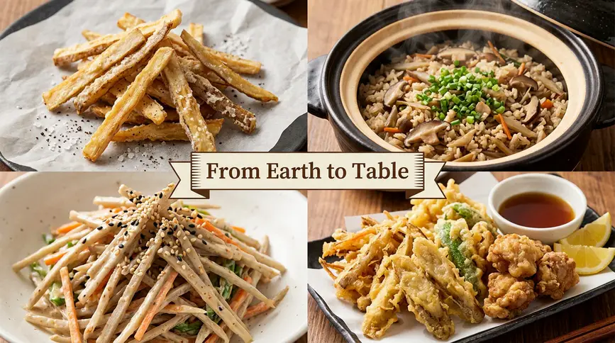 Burdock shines in fries, rice, salad, and tempura preparations. 