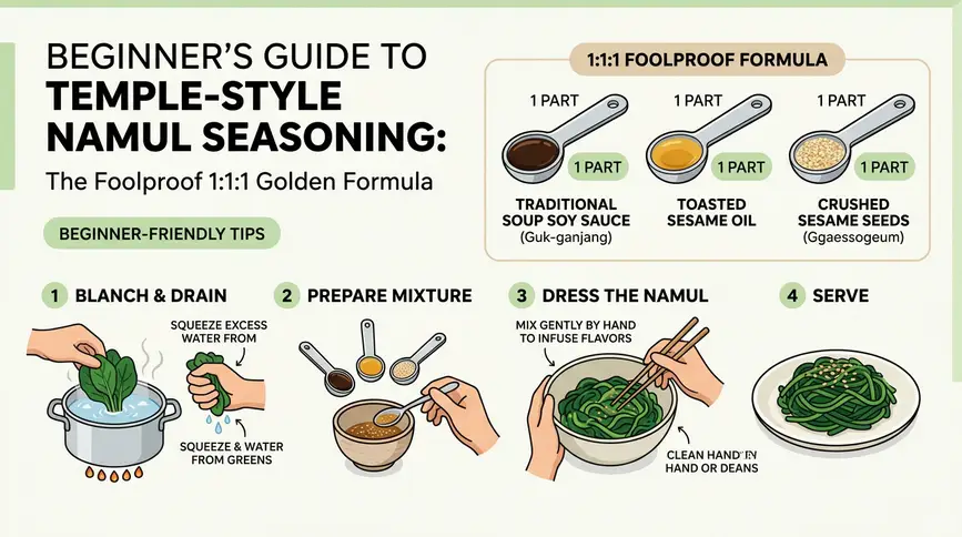 Golden ratio ensures foolproof seasoning for perfectly dressed temple greens. 