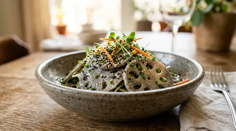 Close-up of lotus root salad with creamy black sesame dressing and garnish in handmade ceramic bowl with elegant plating