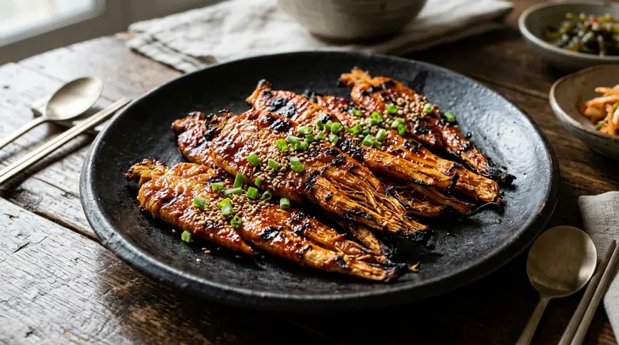 Flattened deodeok root with gochujang glaze and char marks, sprinkled with sesame seeds