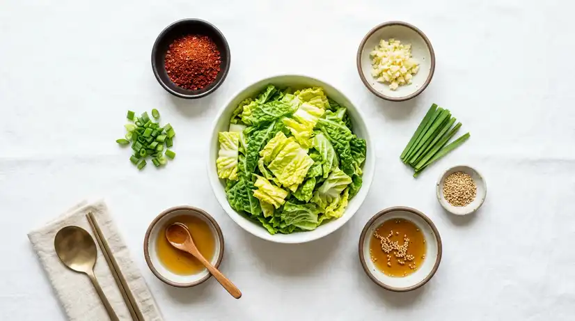 Overhead view of chopped Bomdong cabbage with bowls of red chili flakes, garlic, plum syrup, and sesame oil