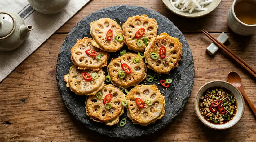Top-down view of golden crispy lotus root pancakes garnished with red chili on stone plate with soy dipping sauce 