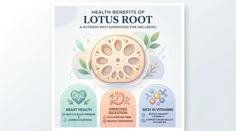 Modern health infographic with lotus root cross-section and minimalist icons for digestion, vitamins, and wellness in pastel colors 