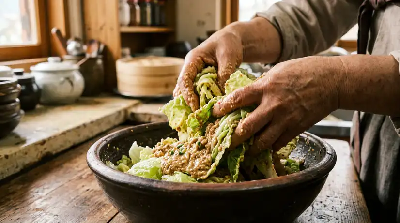 Close-up of hands tossing blanched Bomdong cabbage with creamy soybean paste in traditional Korean earthenware bowl