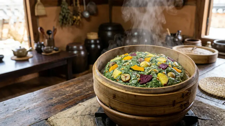 Colorful steamed rice cake with mugwort, pumpkin, beetroot, sweet potato, and chestnuts in bamboo steamer