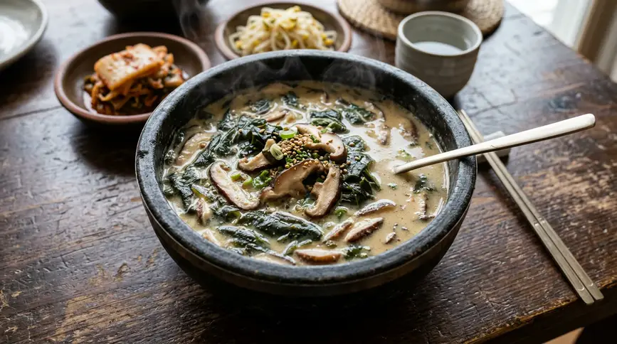 Dark green seaweed soup with shiitake mushrooms in creamy perilla seed broth, served in stone bowl