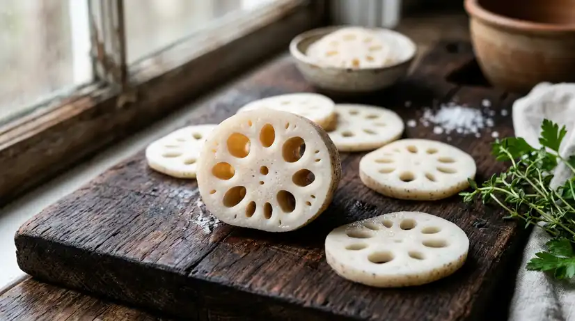 Close-up of sliced lotus root on dark wooden board showing geometric hole patterns with natural sunlight and earthy tones 