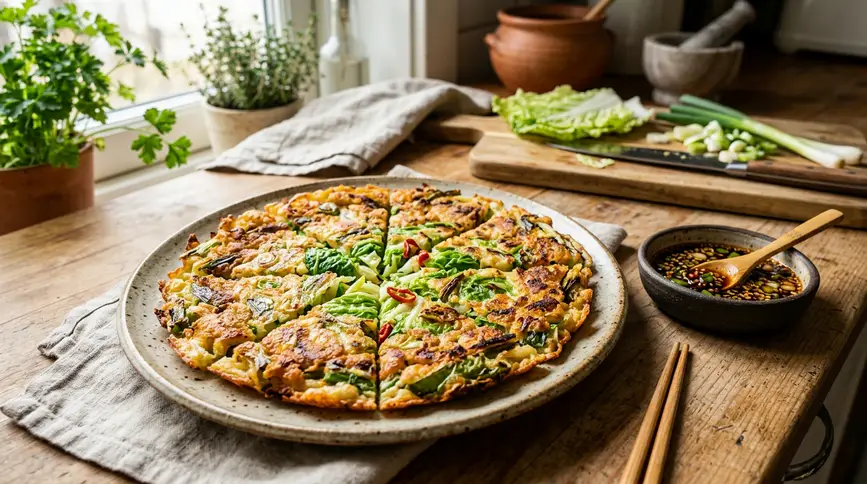 Golden crispy spring cabbage pancake cut into wedges with soy dipping sauce