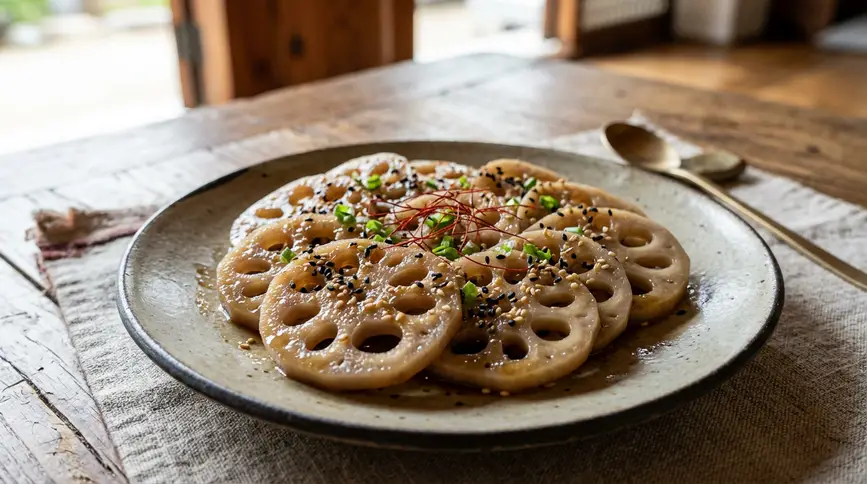 Steamed lotus root slices with visible holes, garnished with black and white sesame seeds