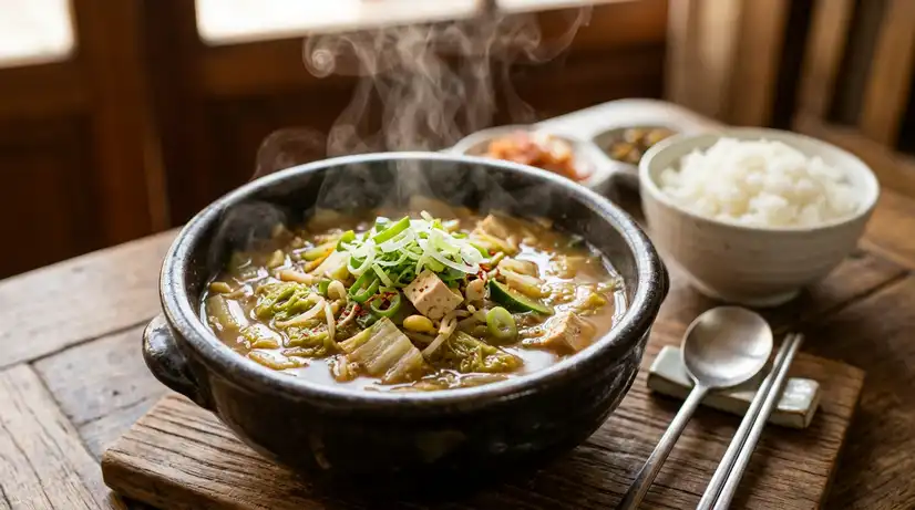 Hot Korean Bomdong soybean paste soup with tofu cubes and scallions with steam rising and rice bowl in background