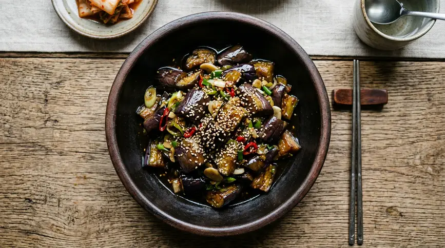 Purple eggplant pieces glistening with soy glaze and sesame oil in earthenware bowl