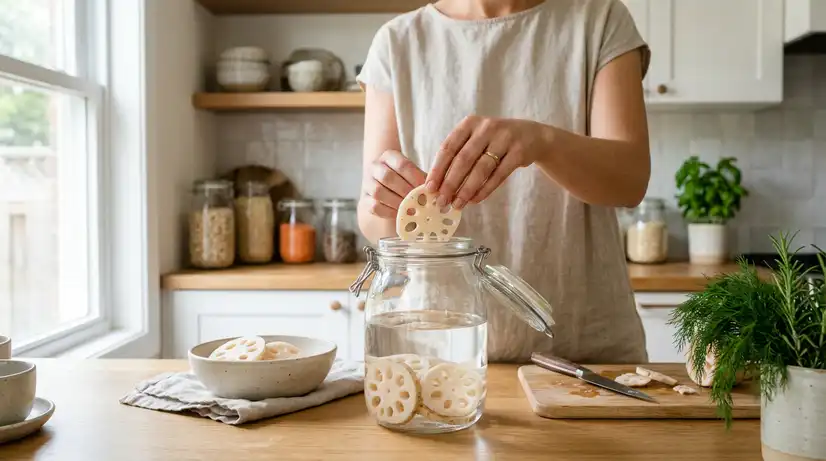 Lifestyle shot of hands storing sliced lotus root in glass jar with water in bright modern kitchen with healthy vibes 
