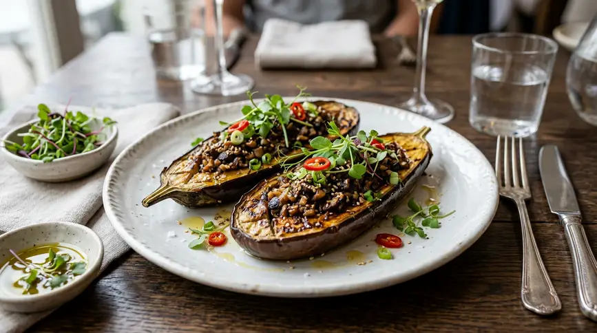 Grilled eggplant halves stuffed with minced shiitake mushrooms, drizzled with perilla oil
