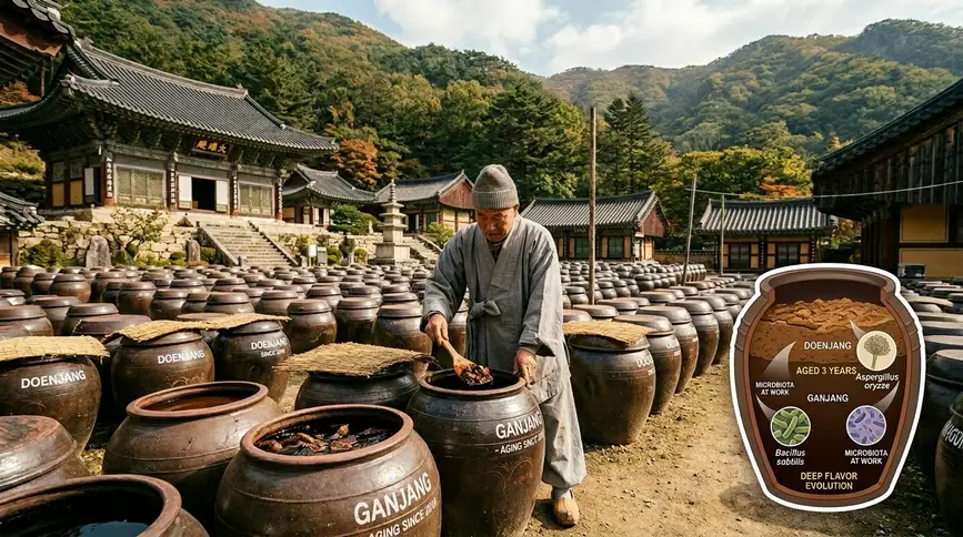 Temple soy sauce and doenjang ferment in onggi clay jars