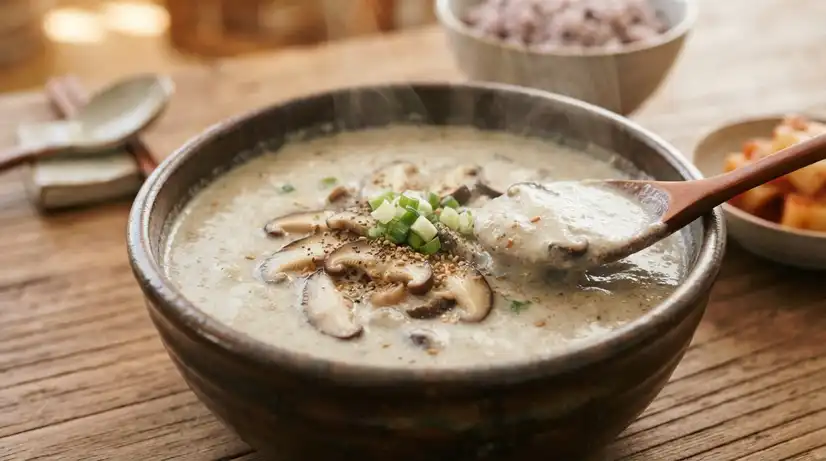 Close-up of steaming thick velvety Korean Deulkketa-tang with shiitake slices and green onion garnish in warm atmosphere