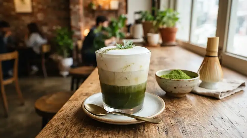 Clear glass showing layered mugwort latte with deep green tea bottom and frothy white milk foam top in cafe setting