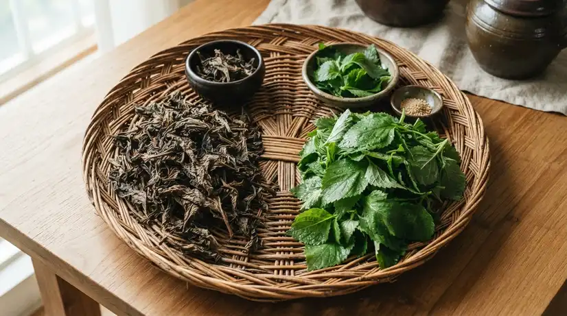 Artistic split composition showing dried and fresh Aster Scaber leaves on traditional Korean wicker tray with wooden surface