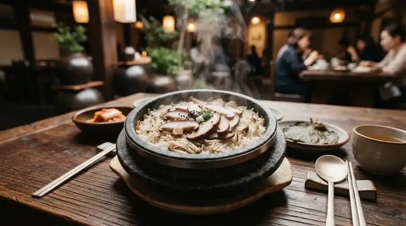 Traditional Korean stone pot filled with white rice mixed with chopped Enoki and shiitake mushrooms, steaming with sesame seeds