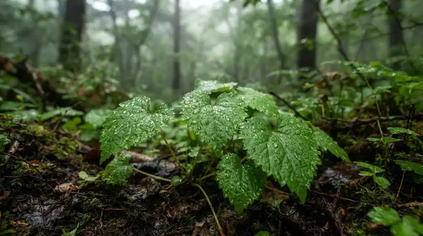 Macro shot of vibrant green heart-shaped Aster Scaber leaves with serrated edges and morning dew in misty mountain forest