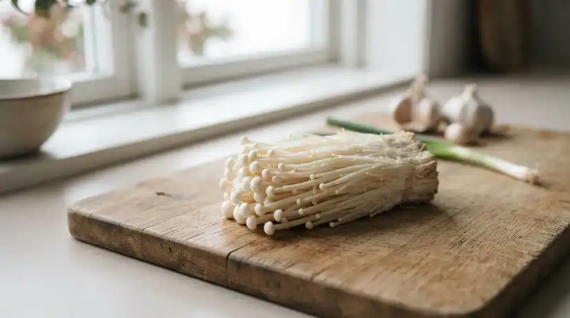 Macro shot of crisp white Enoki mushrooms on rustic cutting board with garlic and green onion in soft sunlight