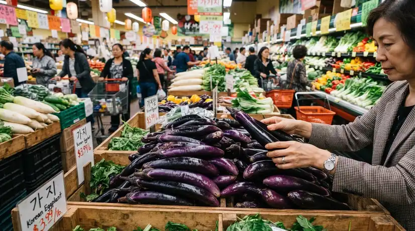 Vibrant Asian grocery produce section with piles of fresh shiny Korean eggplants in wooden crates and shoppers hands