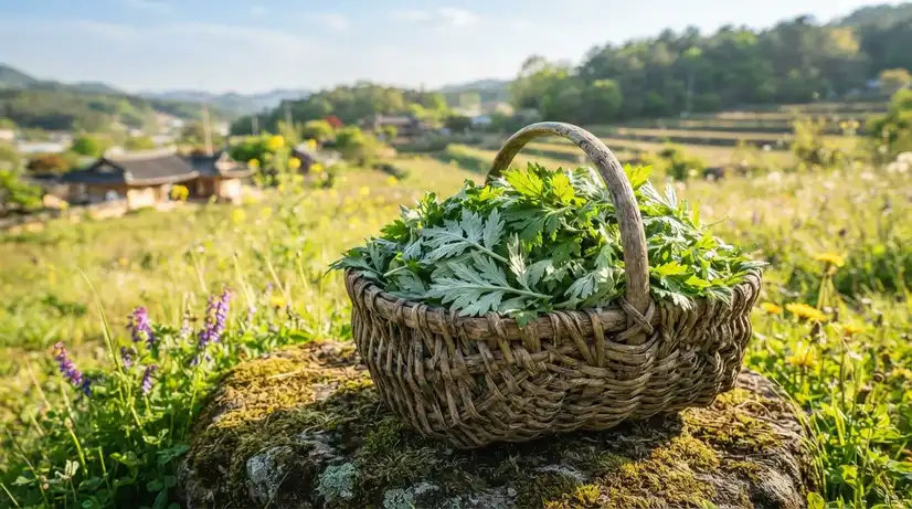 Rustic wooden basket overflowing with vibrant green Korean mugwort leaves on mossy stone in sunlit spring meadow