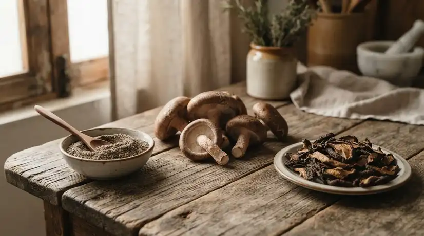 Cinematic still life of fresh shiitake mushrooms, perilla seed powder bowl, and dried shiitake on rustic wooden table