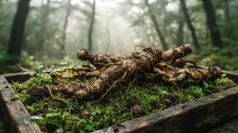 Macro shot of fresh Deodeok roots with damp soil on rustic wooden tray in misty mountain forest with morning sunlight
