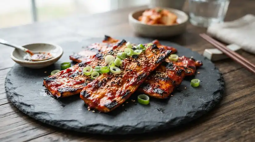 Close-up of flattened grilled Deodeok roots coated in glossy red Gochujang glaze with sesame seeds on dark slate plate
