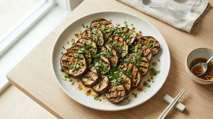 Top-down view of grilled Korean eggplant slices with char marks on white plate, drizzled with soy vinegar dressing