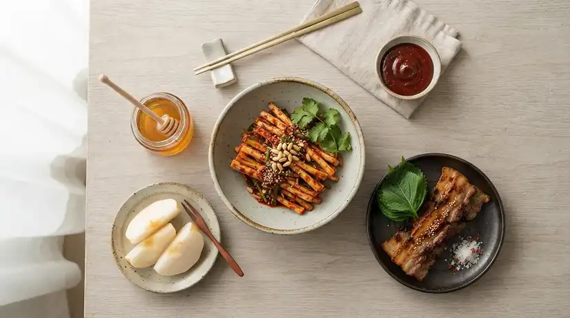 Flat lay of Deodeok bowl surrounded by golden honey jar, sliced Asian pear, and grilled pork belly in artistic arrangement