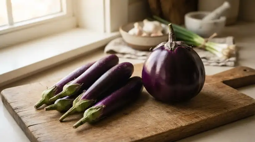 Professional food photography of slender purple Korean eggplants next to large round Western globe eggplant on rustic board